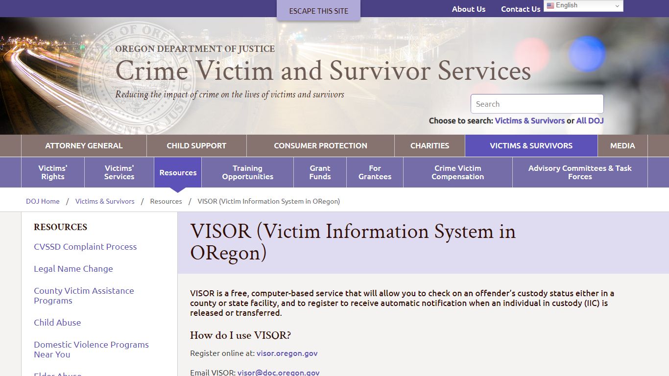 VISOR (Victim Information System in ORegon) - Oregon Department of Justice